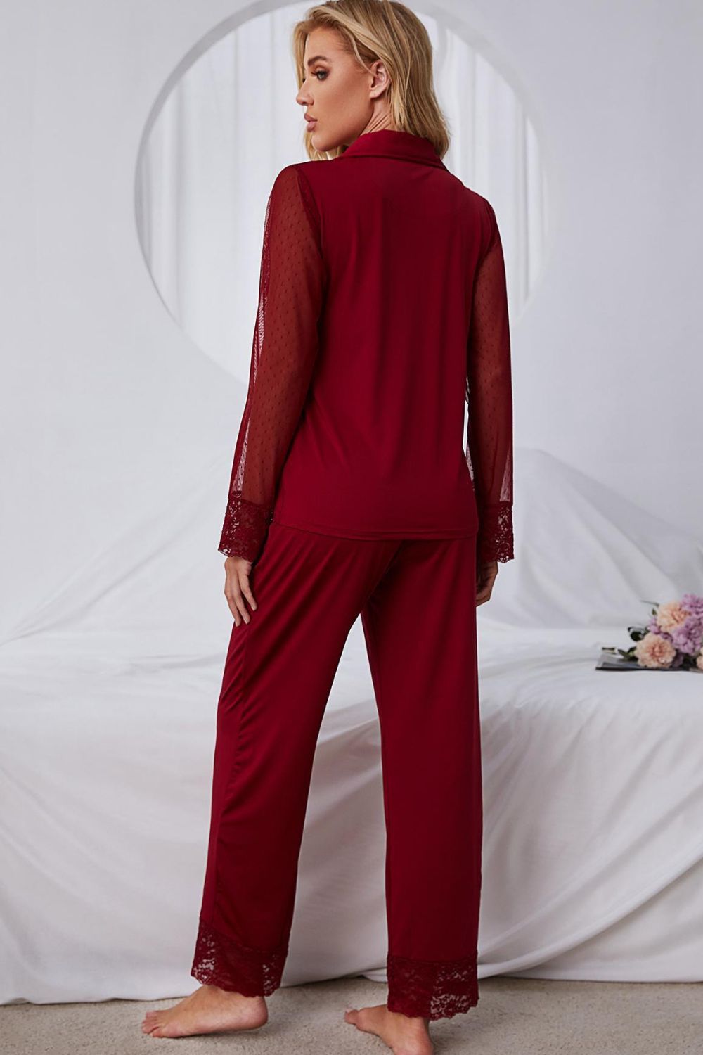 Outfit Flow - Spliced Lace Lapel Collar Pajama Set