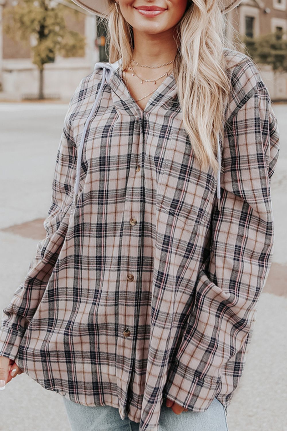 Outfit Flow - Drawstring Plaid Hooded Long Sleeve Shirt