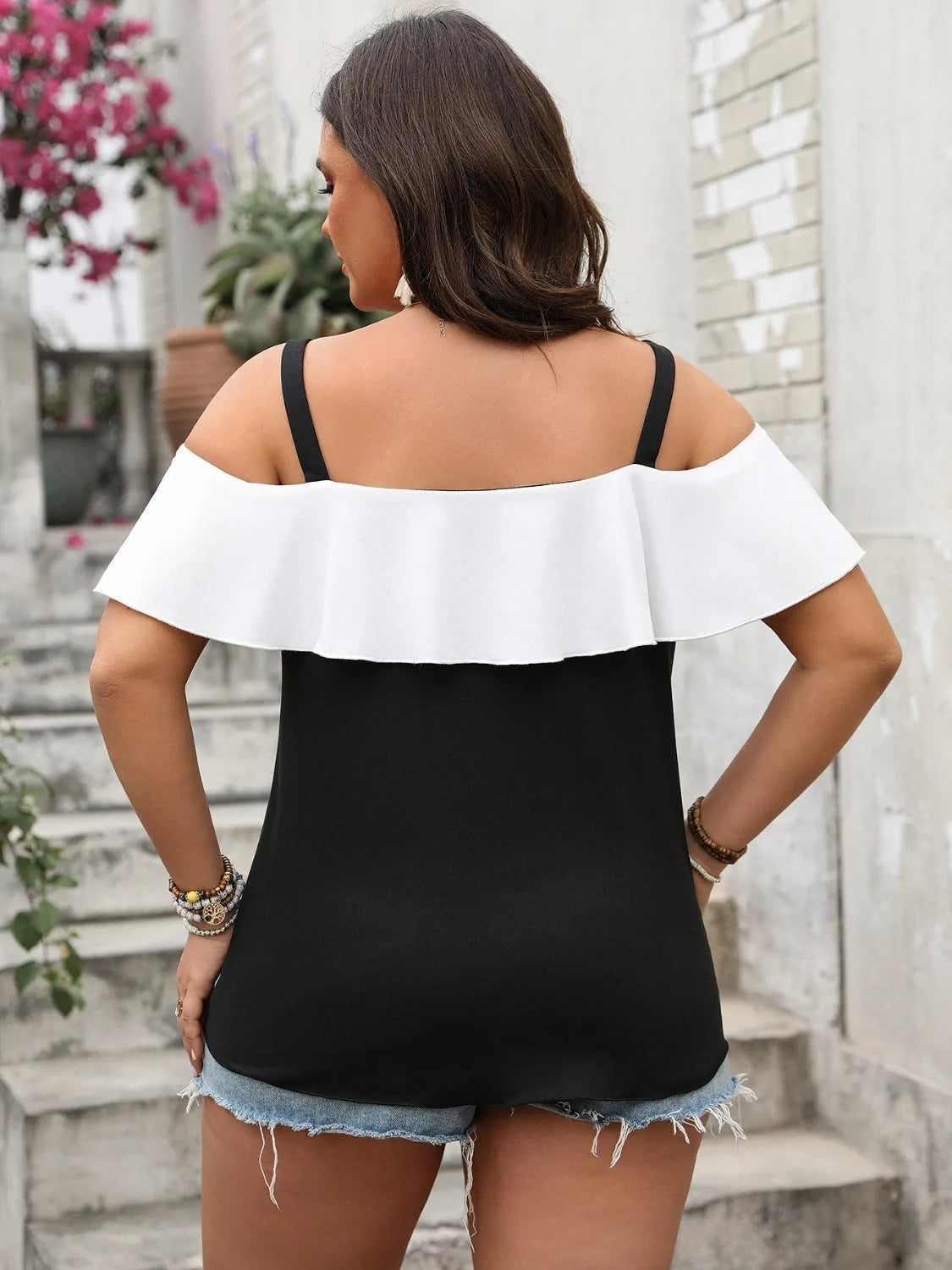 Plus Size Ruffled Contrast Short Sleeve Blouse OutfitFlow