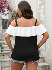 Plus Size Ruffled Contrast Short Sleeve Blouse OutfitFlow