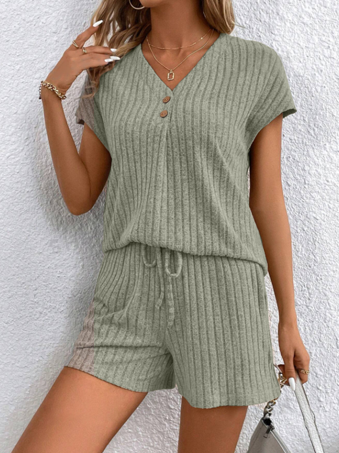 Outfit Flow - Ribbed V-Neck Top and Shorts Set