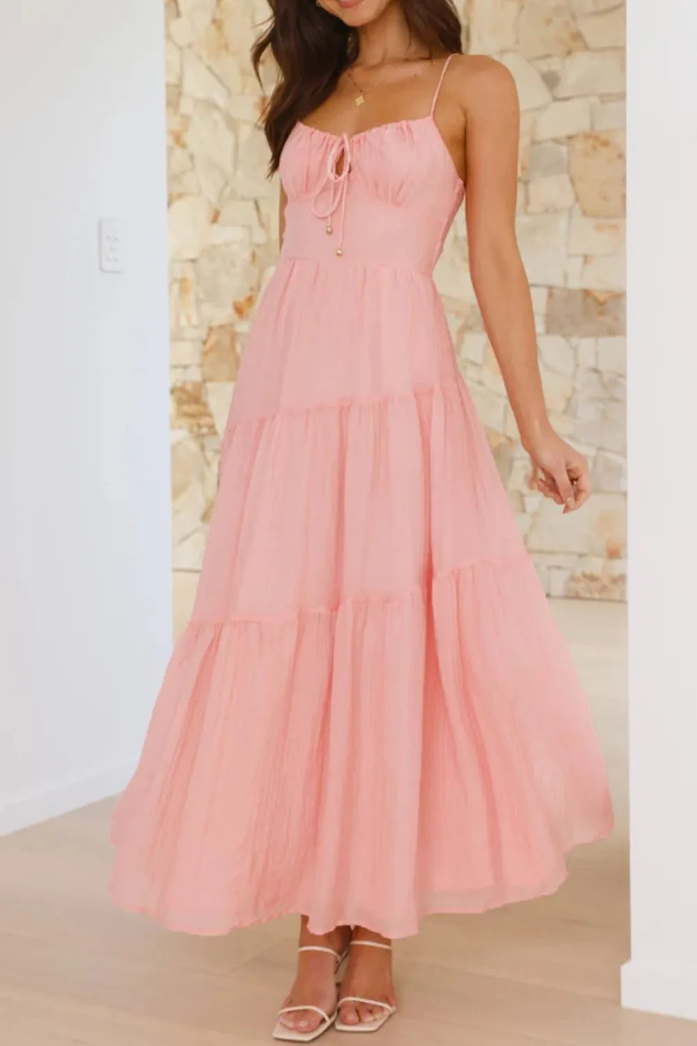 Ruched Smocked Back Cami Dress Blush Pink OutfitFlow