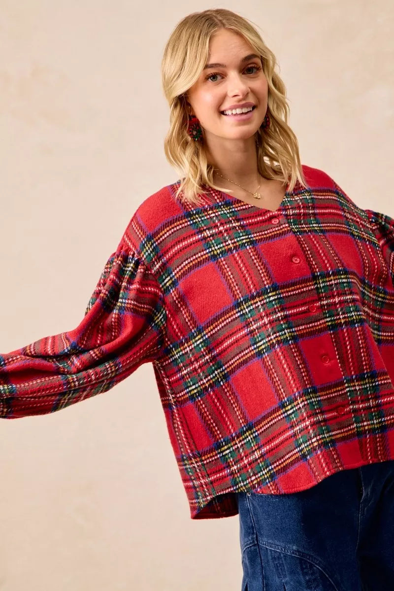 BiBi Christmas Plaid V-Neck Flounce Sleeve Jacket Trendsi