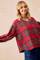 BiBi Christmas Plaid V-Neck Flounce Sleeve Jacket Trendsi