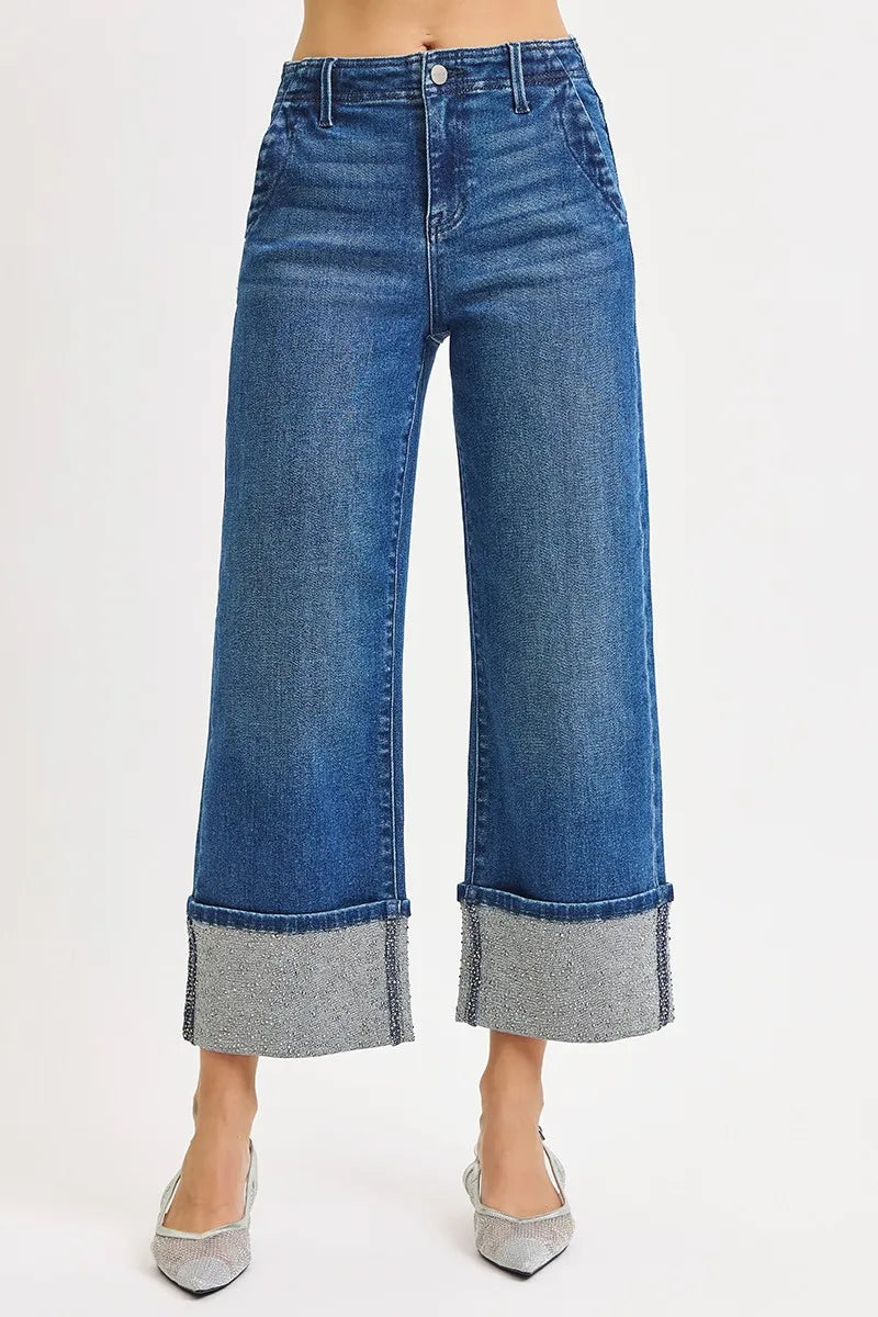 RISEN High Rise Ankle Wide Rhine Stone Cuffed Jeans Trendsi