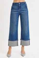 RISEN High Rise Ankle Wide Rhine Stone Cuffed Jeans Trendsi