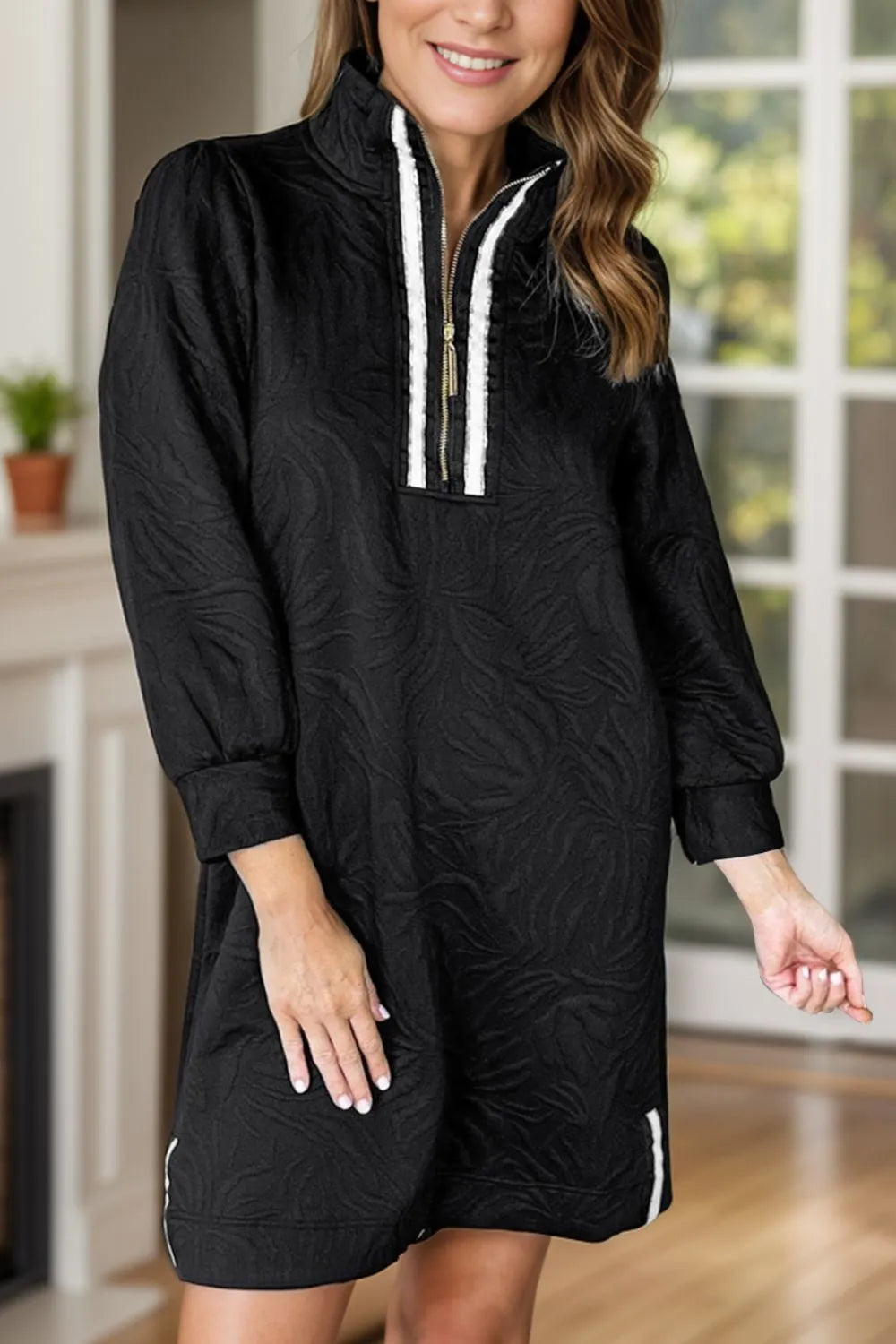 Texture Quarter Zip Long Sleeve Mini Dress Black OutfitFlow