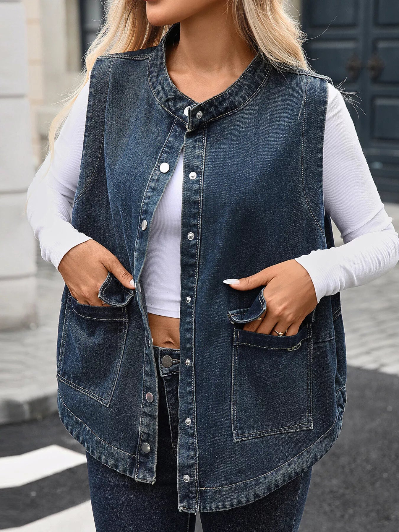 Snap Down Sleeveless Denim Jacket OutfitFlow