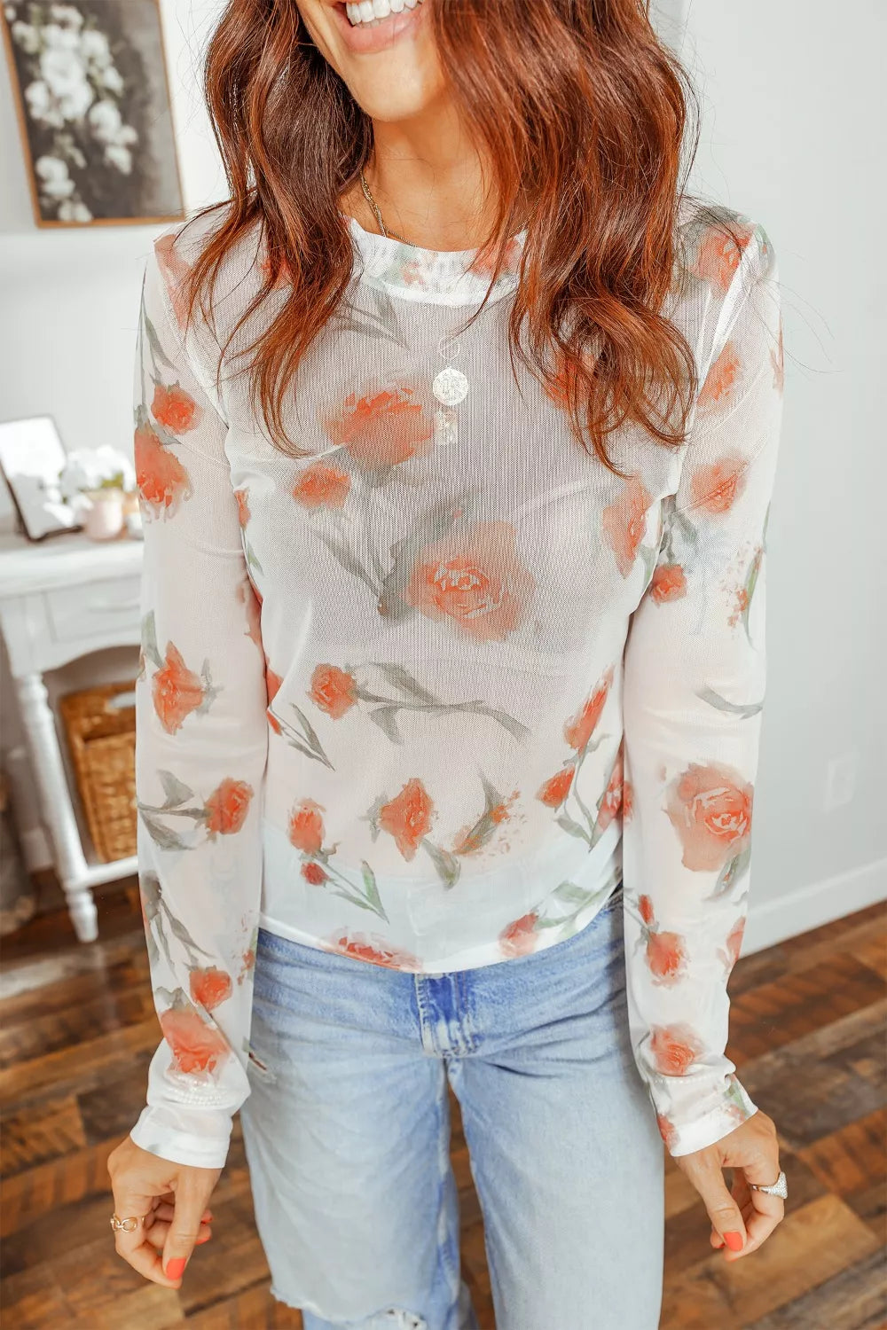 Floral Print Sheer Mesh Long Sleeve T-Shirt Trendsi