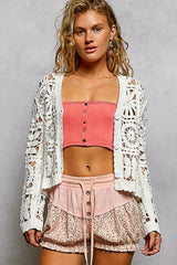 POL Button Down V-Neck Long Sleeve Cropped Crochet Cardigan OutfitFlow