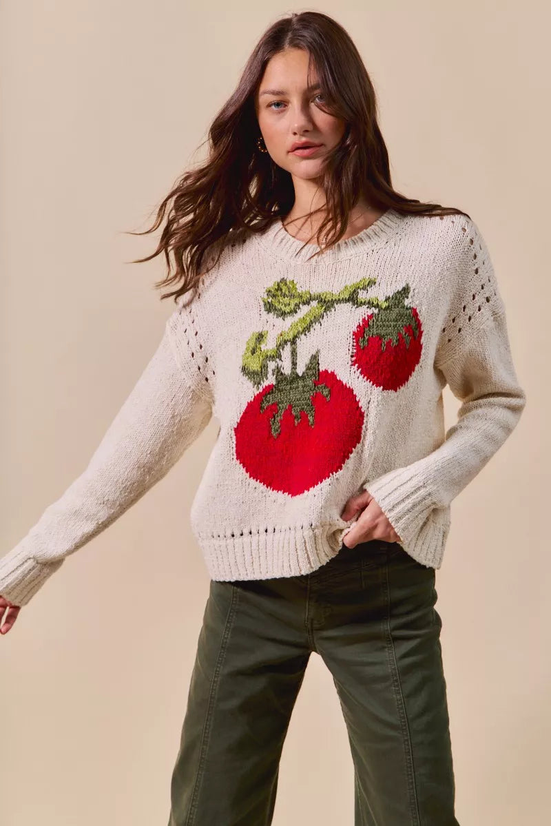 SO ME Vegetable Round Neck Long Sleeve Sweater OutfitFlow