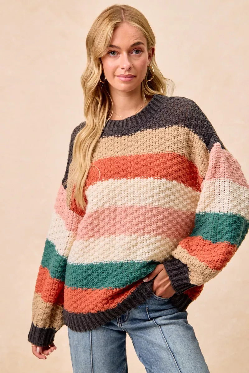BiBi Stripes Color Block Chunky Sweater OutfitFlow