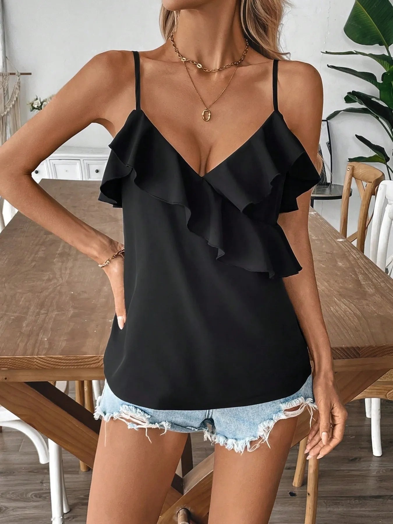 Ruffled Surplice Cami Top OutfitFlow