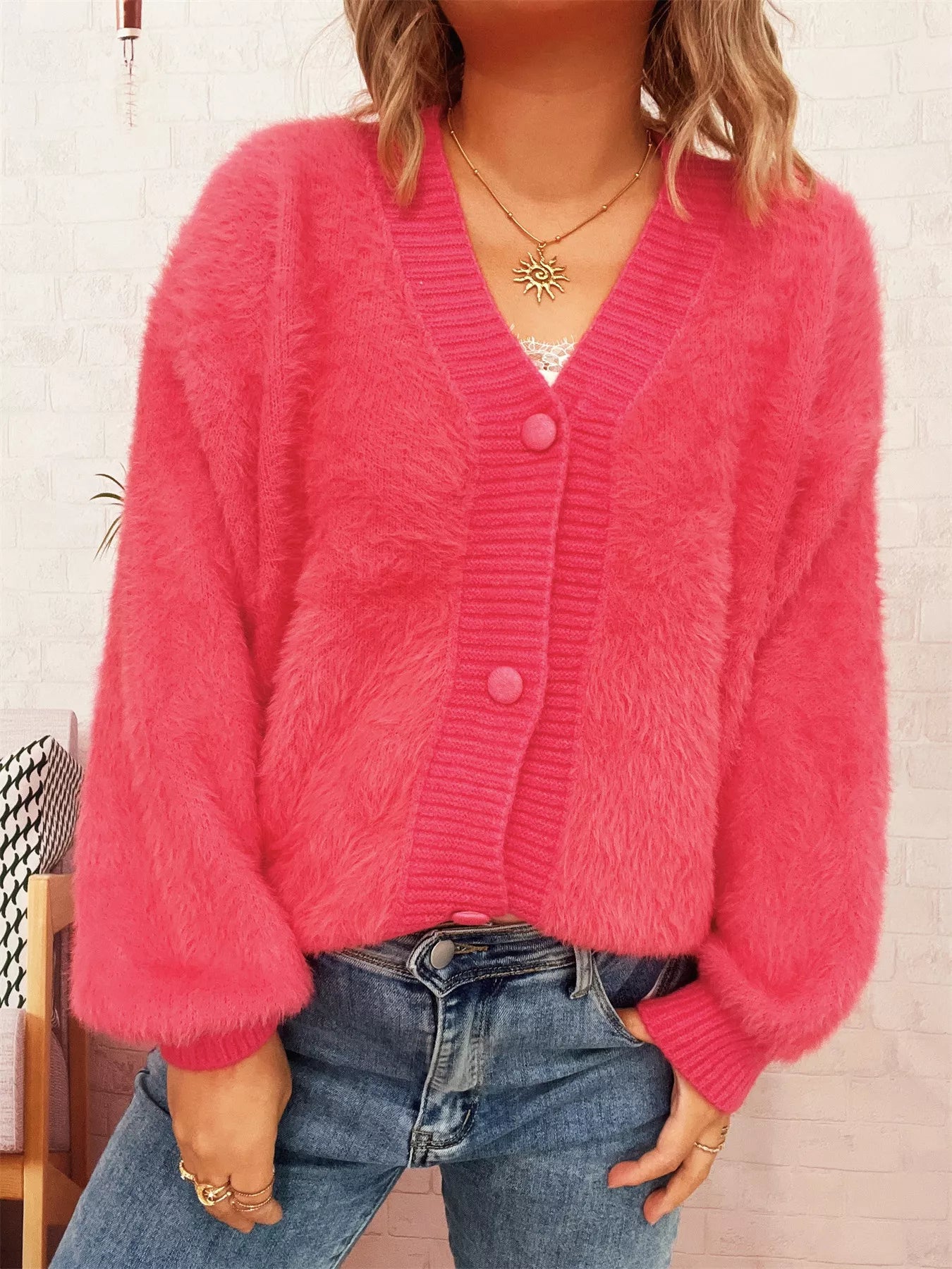 Fuzzy Button-Up Long Sleeve Cardigan OutfitFlow