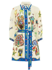 Printed Tie Waist Mini Shirt Dress OutfitFlow