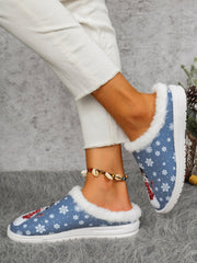 Outfit Flow - Snowman Print Flat Slippers with Faux Fur