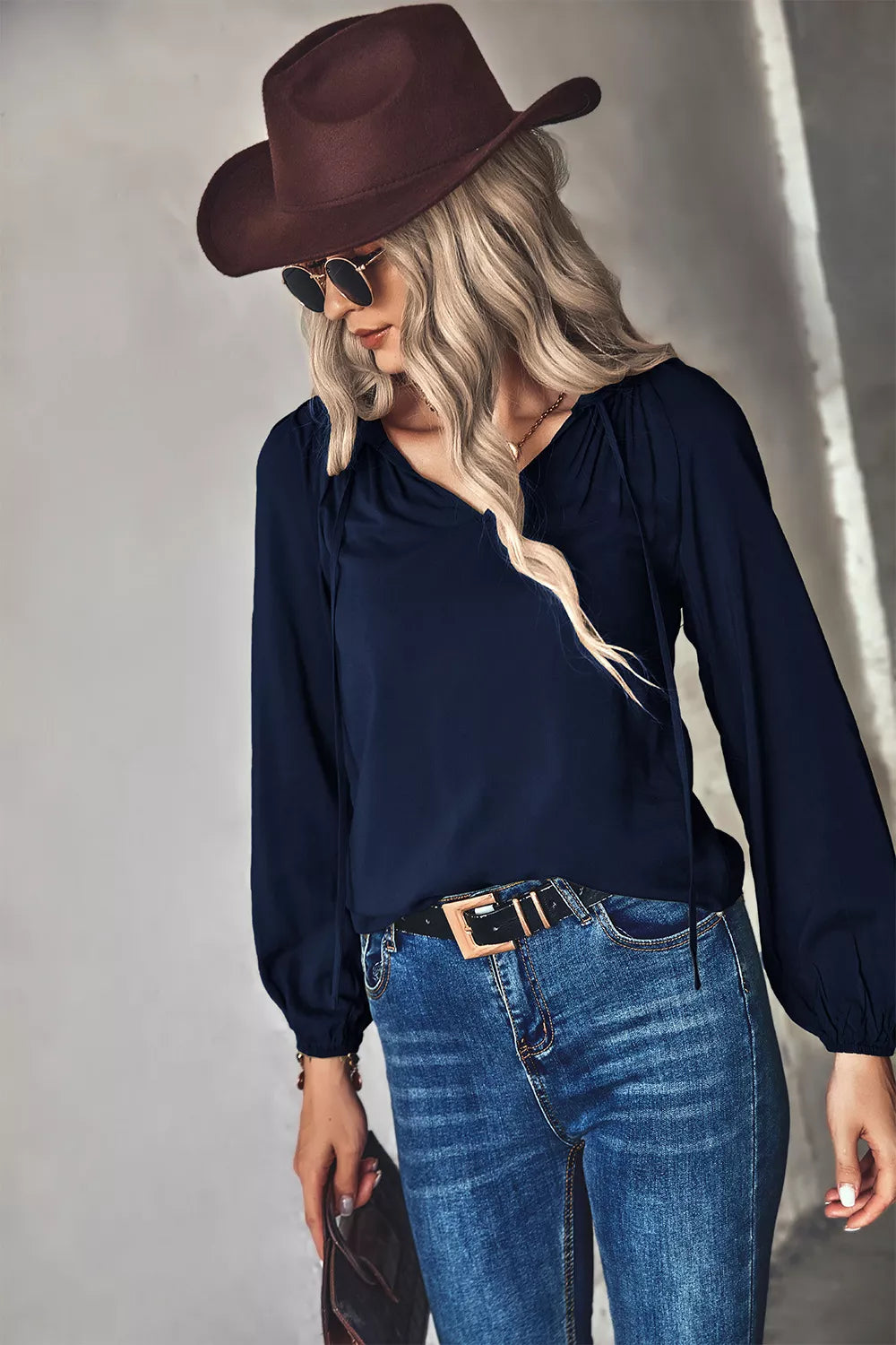 Tie Neck Long Sleeve Blouse OutfitFlow