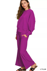 Zenana Ribbed Round Neck Pullover and Drawstring Pants Set OutfitFlow