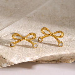 Stainless Steel Inlaid Zircon Bow Earrings OutfitFlow