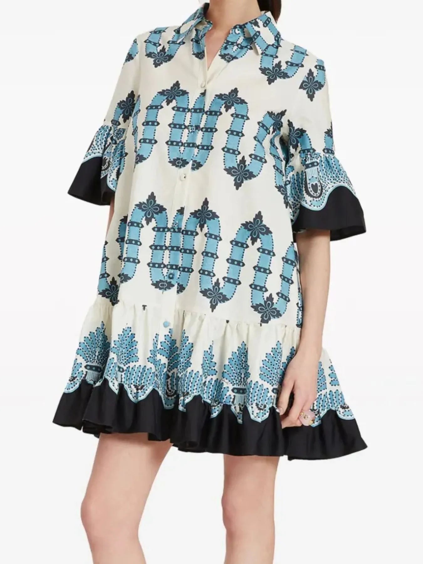 Floral Print Ruffle Sleeve Mini Dress Sky Blue OutfitFlow