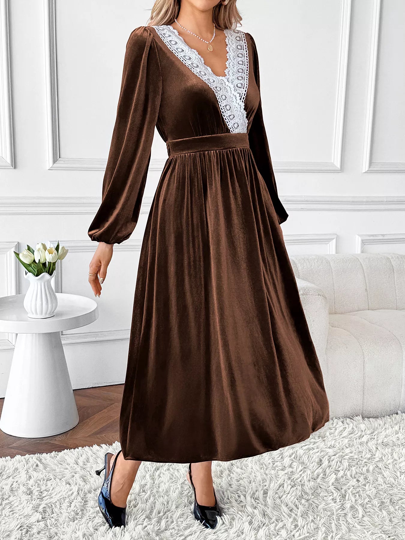 Velvet A-Line Dress with Lace Trim OutfitFlow