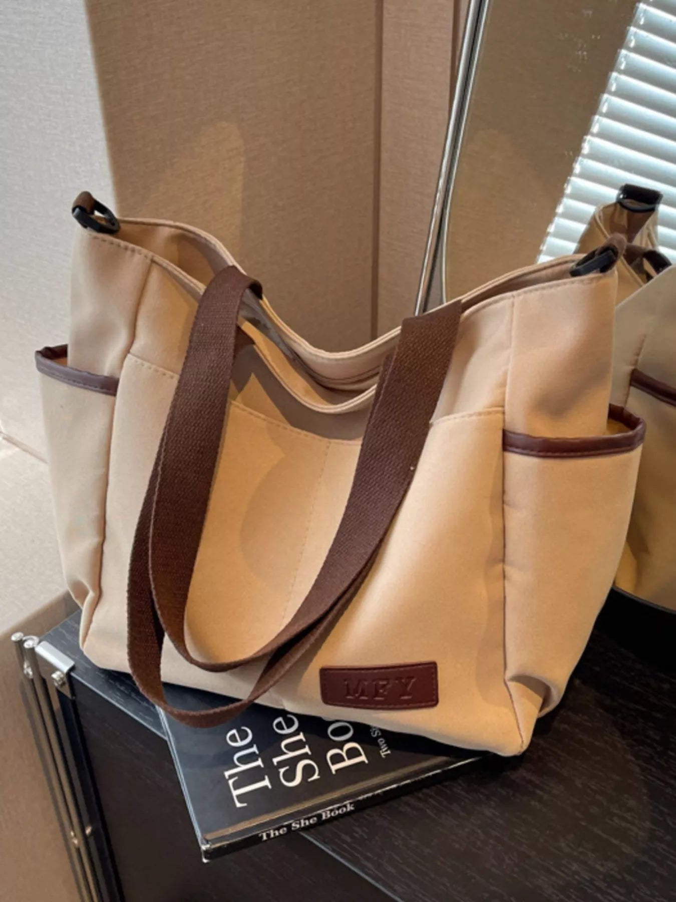 Canvas Shoulder Bag with Adjustable Strap Khaki onesize OutfitFlow