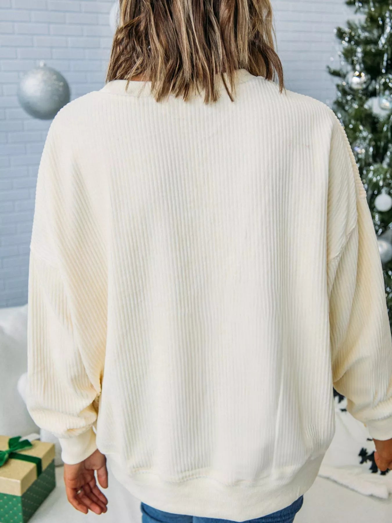 Merry Little Thing Corded Letter Graphic Ribbed Sweatshirt OutfitFlow