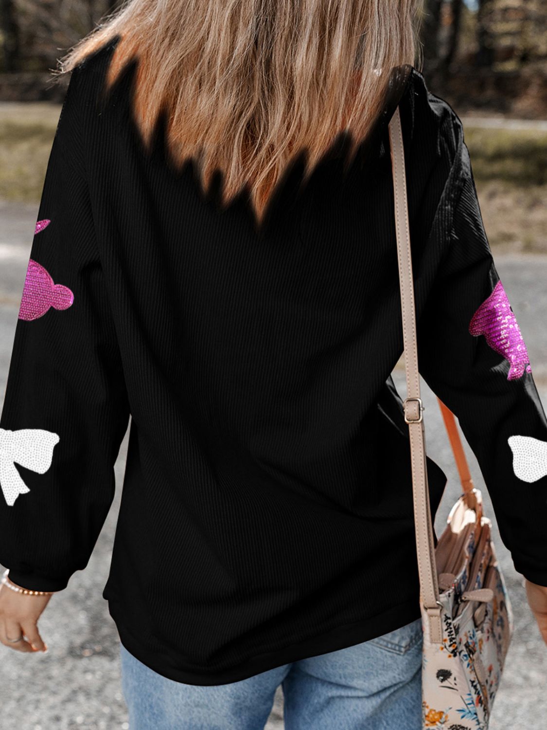Sequin Bunny Bow Easter Corded Rib Sweatshirt OutfitFlow