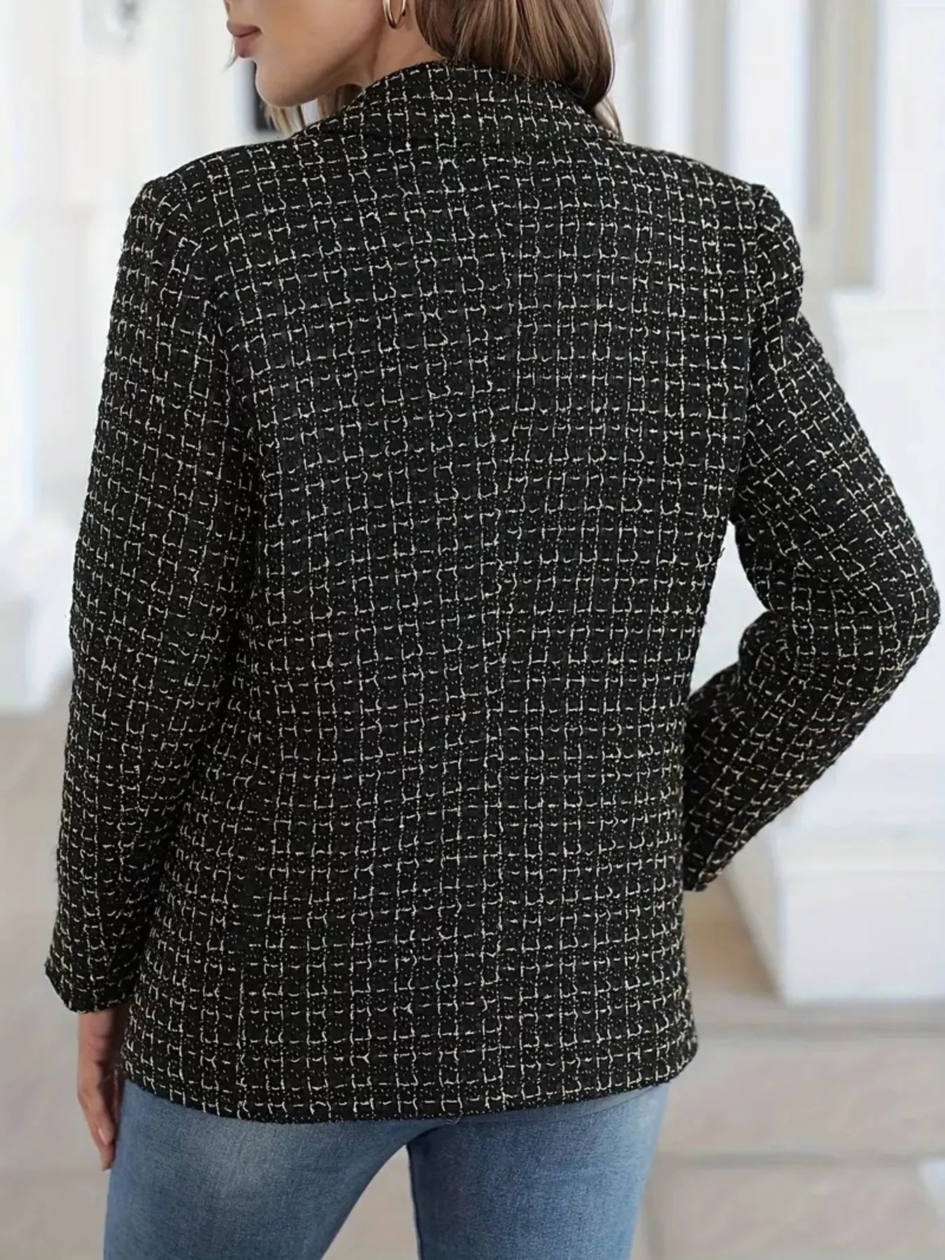 Plaid Double-Breasted Tweed Blazer Trendsi