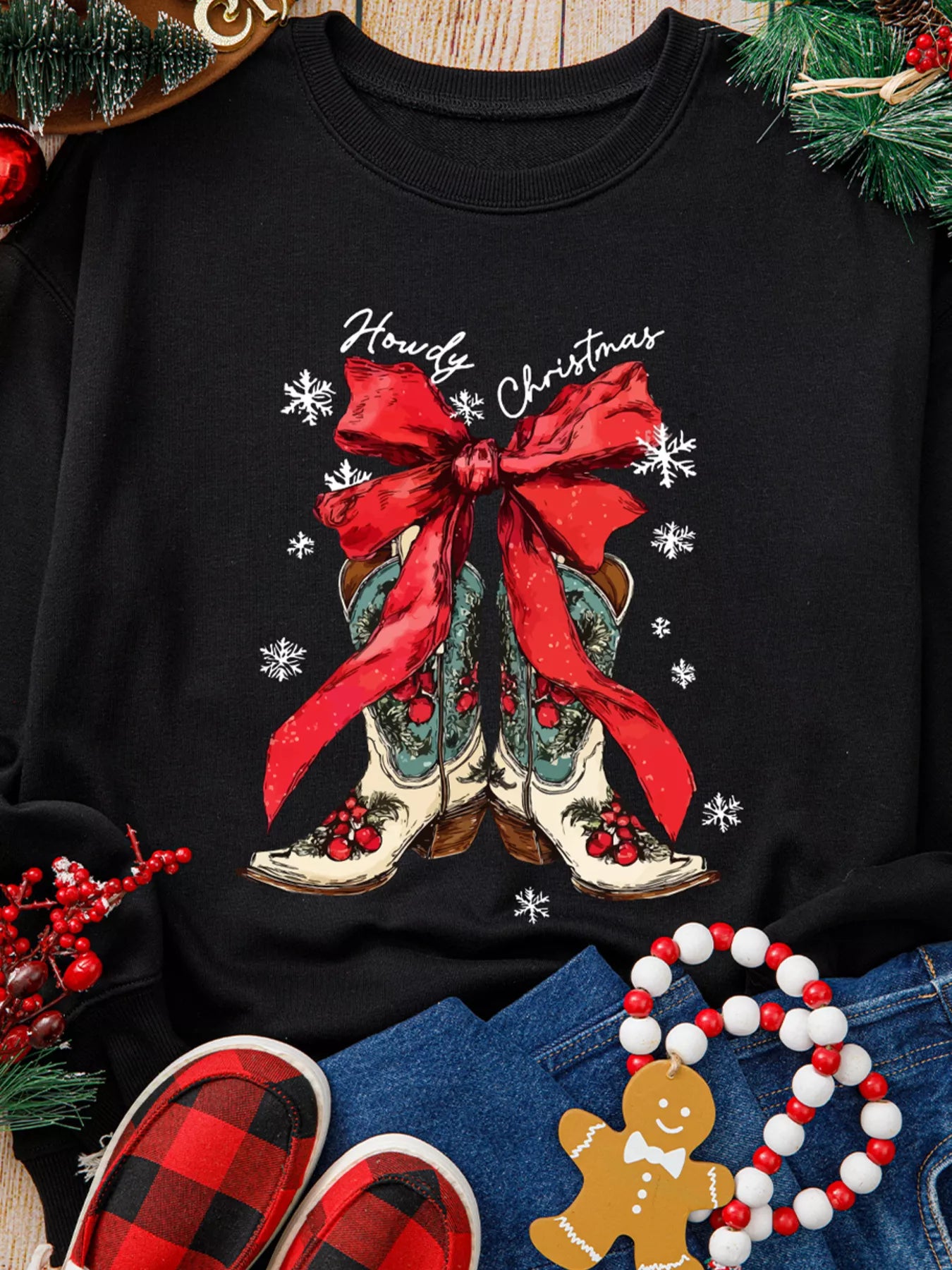 Howdy Christmas Ribbon Bow Knot Western Boots Graphic Sweatshirt OutfitFlow