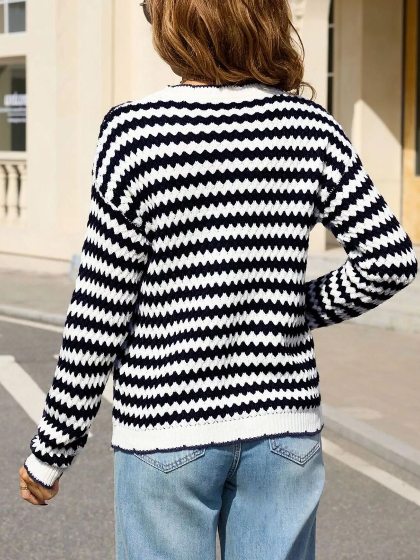 Striped Zigzag Knit Round Neck Sweater Trendsi