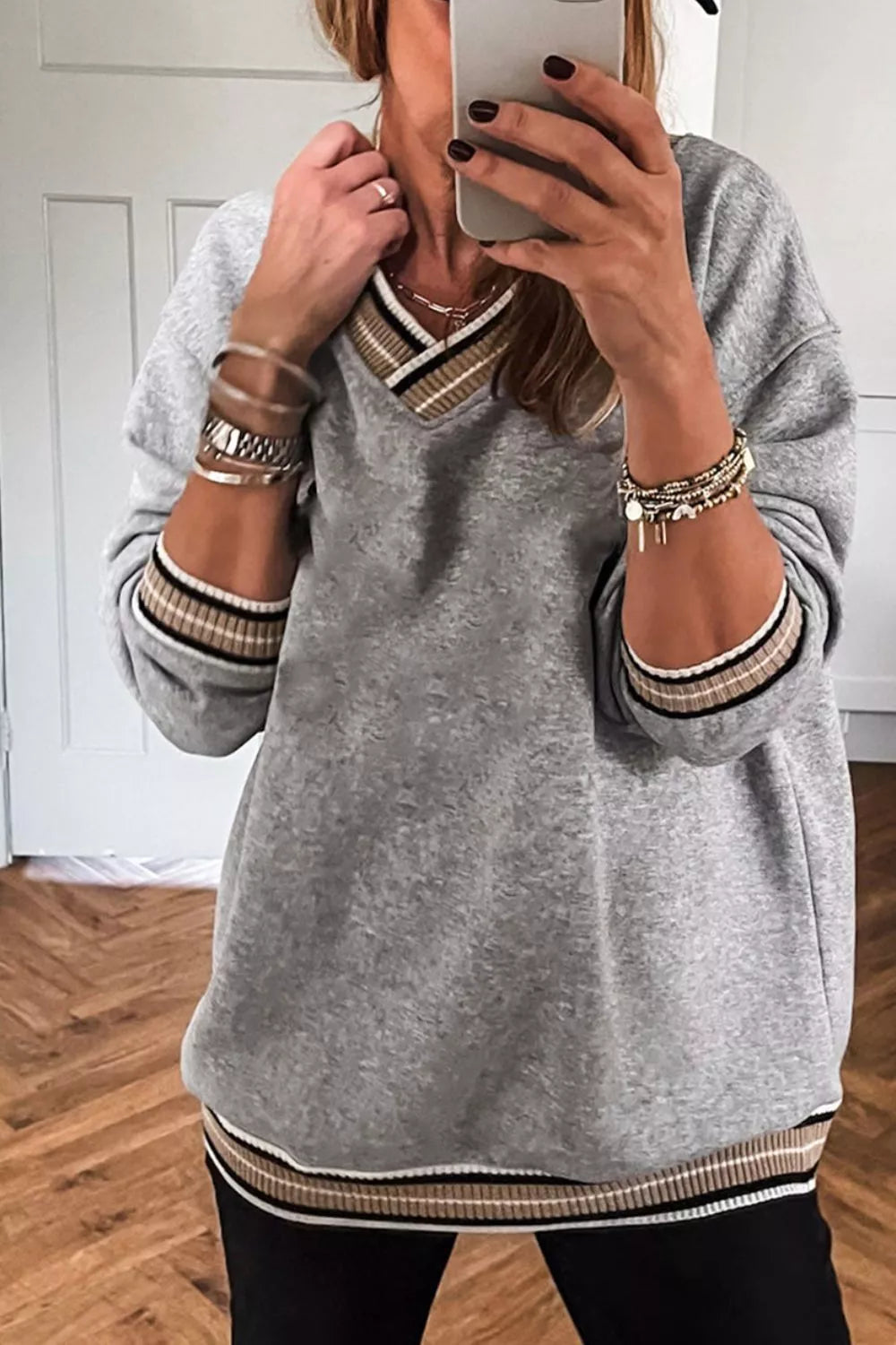 Casual V-Neck Striped Trim Pullover Gray OutfitFlow