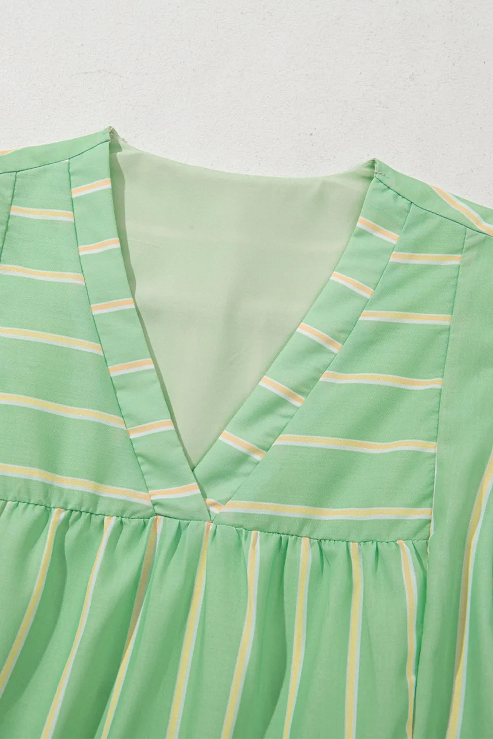 Stripe V Neck Short Sleeve Frilled Detail Dress OutfitFlow