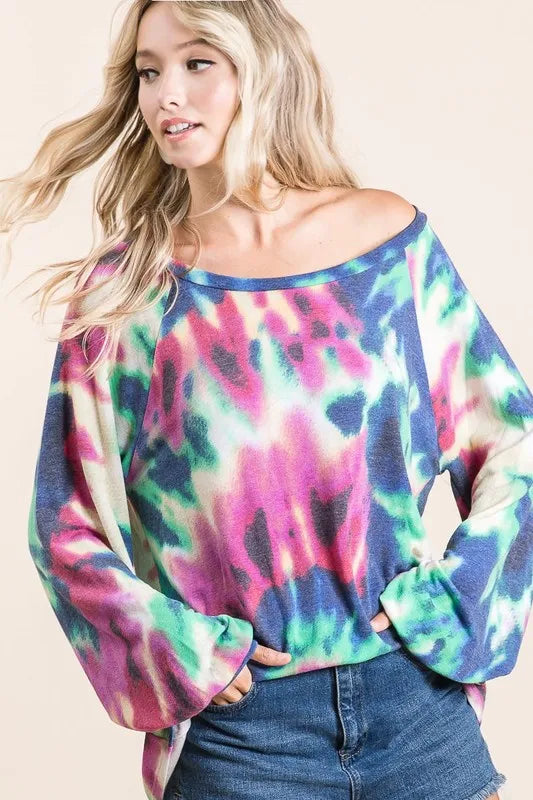 BiBi Tie Dye Print Terry Top with Puff Sleeves OutfitFlow