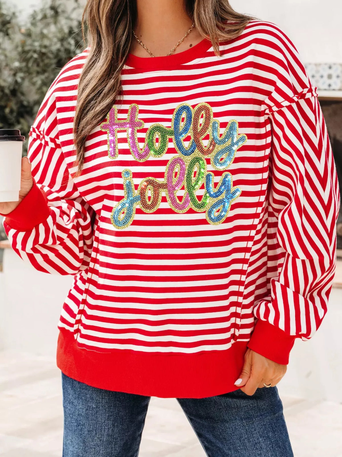 Stripe Holly Jolly Sequin Graphic Drop Shoulder Long Sleeve Top Strawberry OutfitFlow