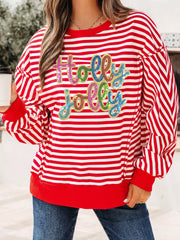 Stripe Holly Jolly Sequin Graphic Drop Shoulder Long Sleeve Top Strawberry OutfitFlow
