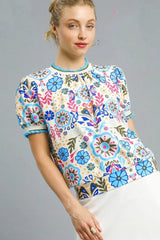 Umgee Retro Floral Puff Sleeve Top OutfitFlow