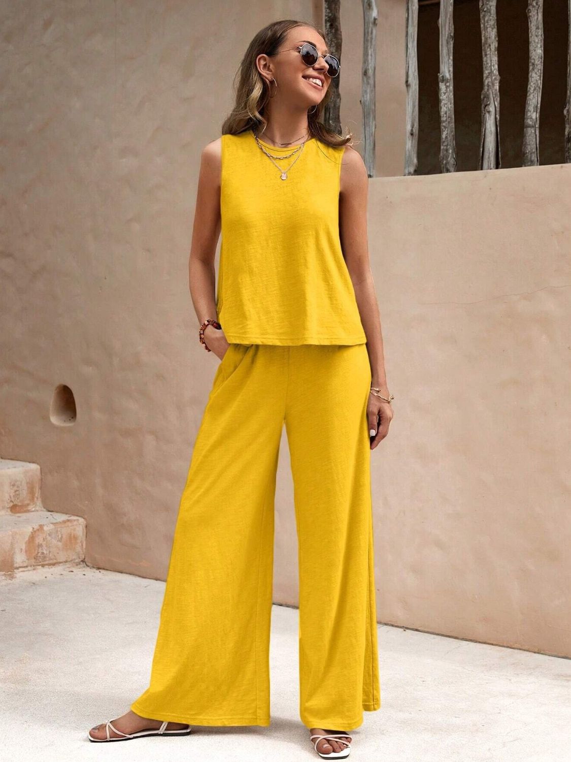 Outfit Flow - Round Neck Sleeveless Top and Wide Leg Pants Set