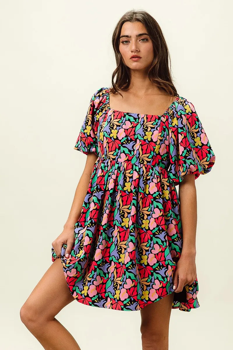 BiBi Floral Print Puff Square Neck Dress OutfitFlow