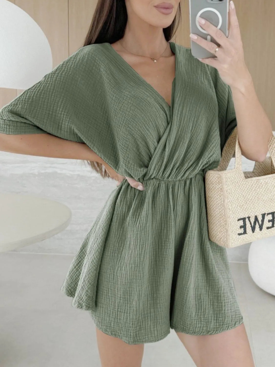 Surplice Half Sleeve Wrap Romper Army Green OutfitFlow