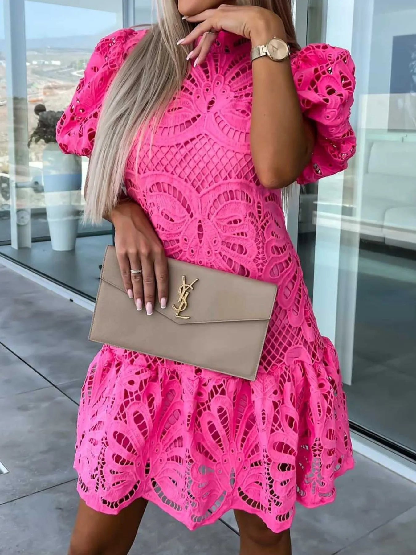 Lace Mock Neck Puff Sleeve Dress OutfitFlow