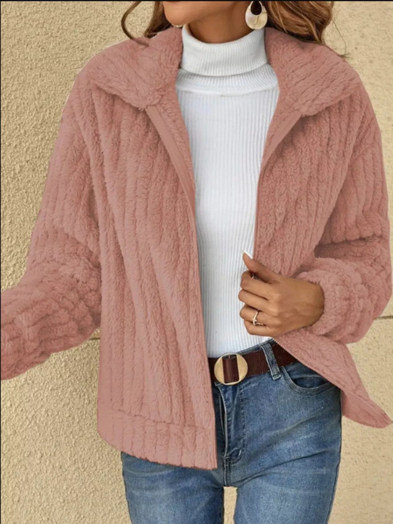 Full Size Zip-Up Long Sleeve Texture Jacket Plus Size Pink OutfitFlow