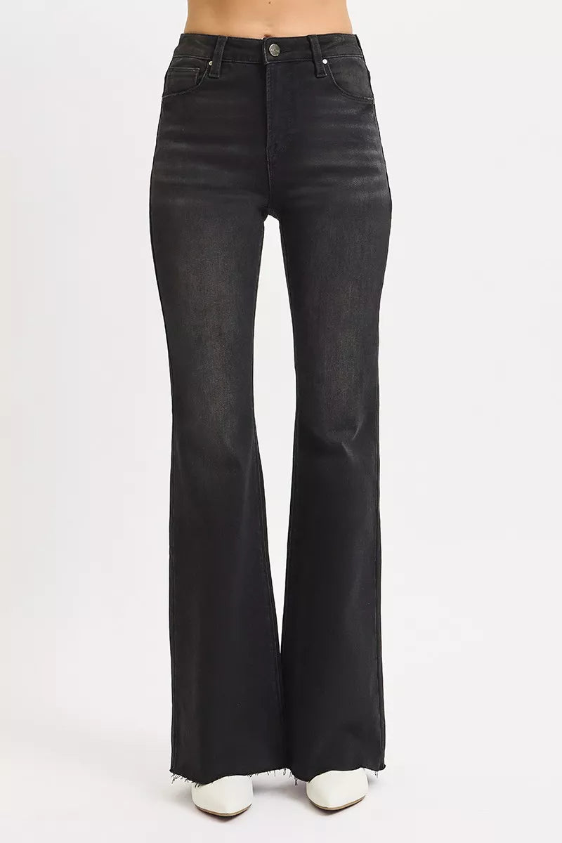 RISEN Full Size High Rise Flare Raw Cut Hem Jeans Plus Size OutfitFlow