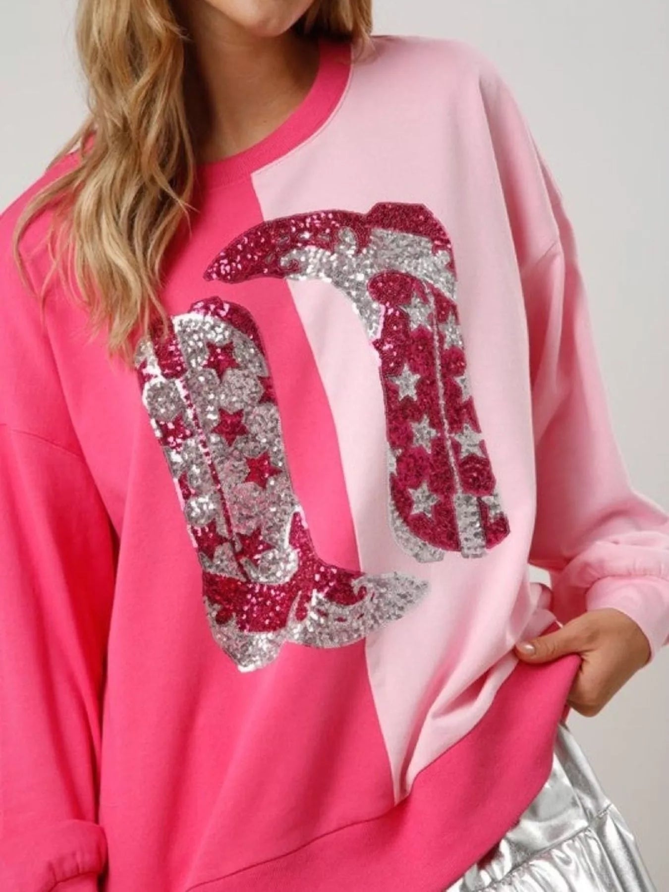 Sequin Boots Color Block Sweatshirt OutfitFlow