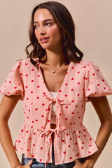 SO ME All Over Heart Ribbon Tie Baby Doll Valentine Blouse BLUSH RED OutfitFlow