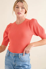 And The Why Puffed Half Sleeve Rib Basic Bodysuit OutfitFlow