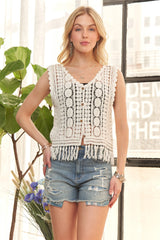 ADORA Fringe Hem Crochet Vest Cardigan OutfitFlow