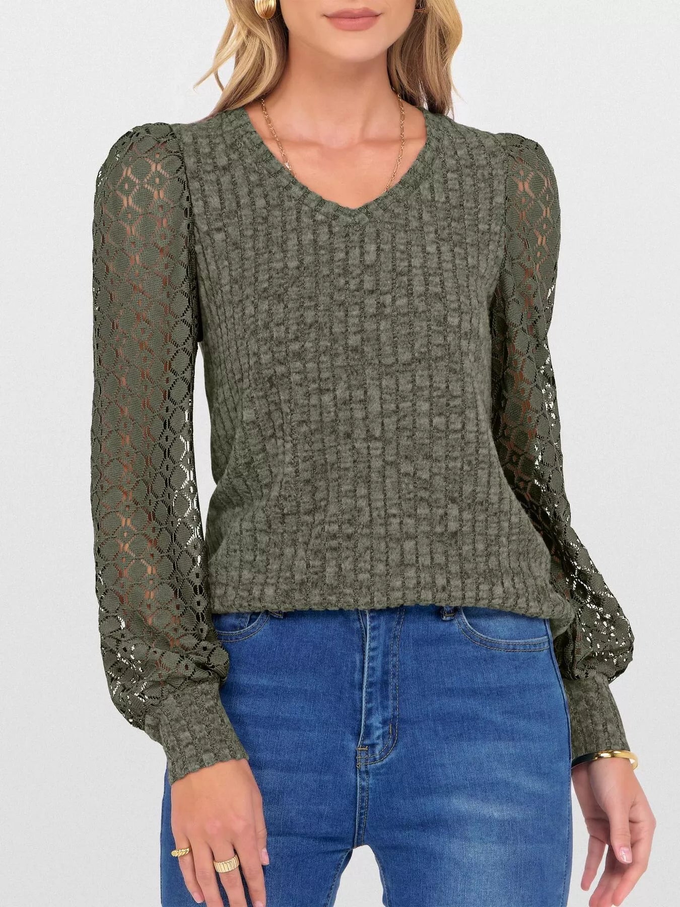 Lace Sleeve V-Neck T-Shirt Army Green OutfitFlow