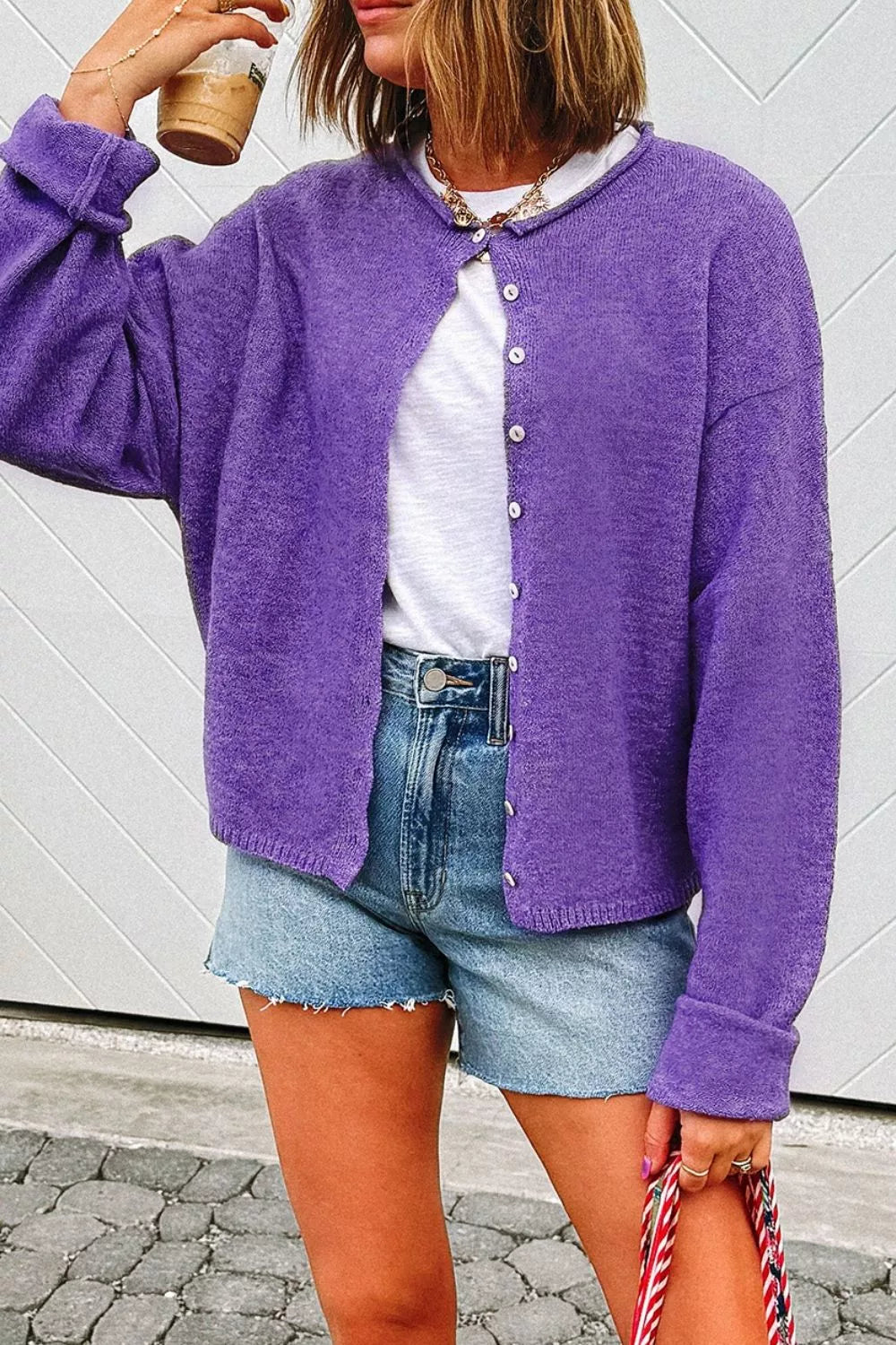 Round Neck Button-Down Knit Cardigan OutfitFlow