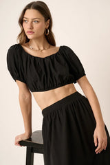 Mittoshop Cropped Puff Sleeve Blouse and Midi Skirt Set BLACK OutfitFlow